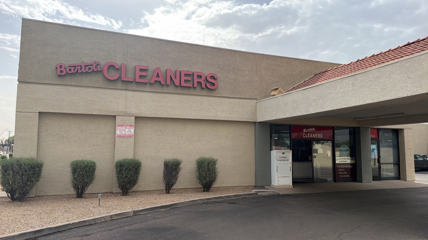 Bartoli Cleaners storefront on E Brown Road in Mesa, Arizona, with the 24-hour drop-off box beside the entrance